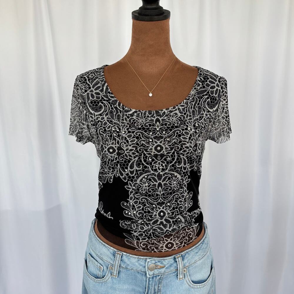 2000s Vintage INC Black White Paisley Print Top Rhinestone Detail Raw Hem Medium